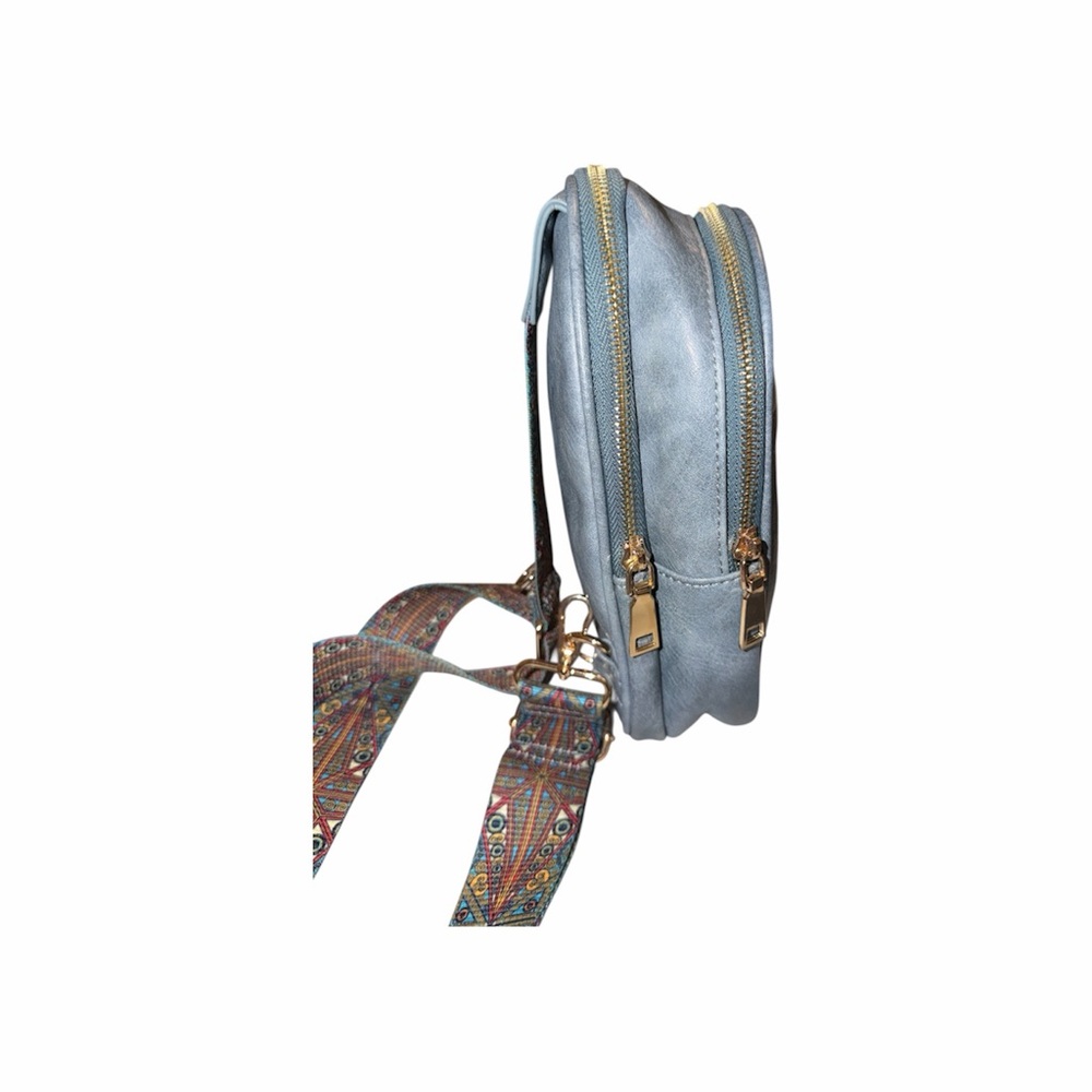 Women's faux Leather Sling Bag in Dusty Blue with Patterned Strap. - Picture 5 of 7